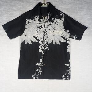 Vintage 70s Hilo Hattie Hawaiian Shirt Mens Medium Black White Floral Aloha